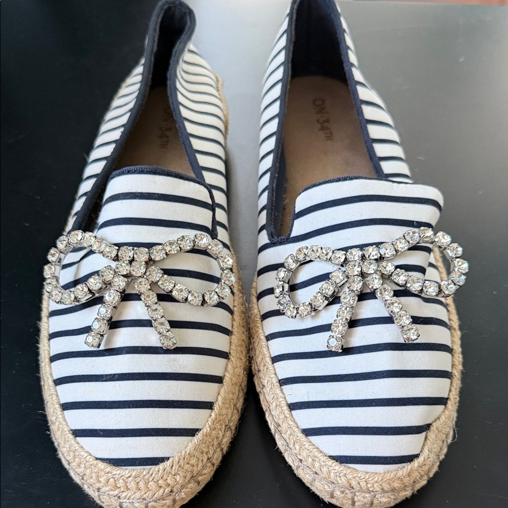 Striped Navy & White Espadrille Loafers with Crystal Bow